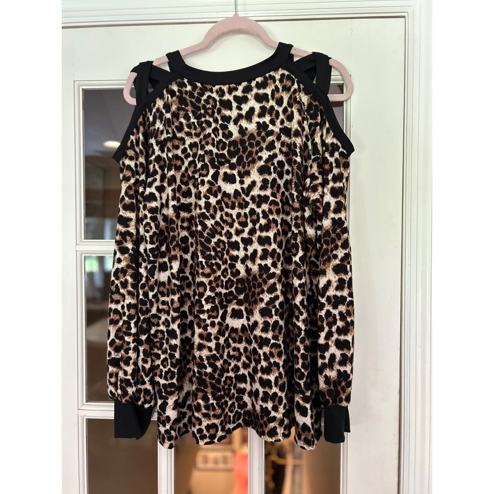 EUC White Birch Tunic Top 2X Black Animal Leopard Print Strappy Cold Shoulder - Picture 4 of 12